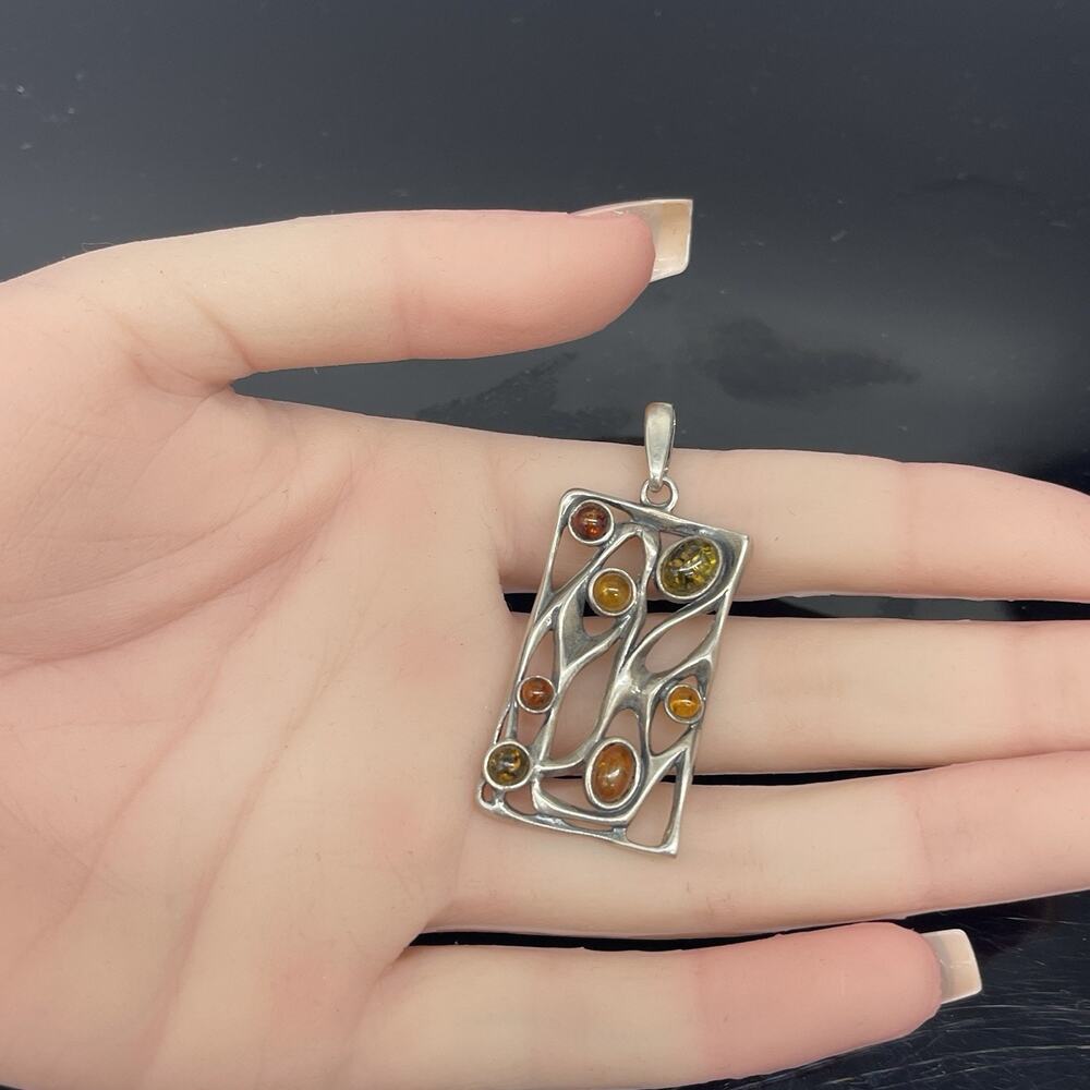 Multicolor Genuine Amber Rectangular Pendant 925 … - image 3